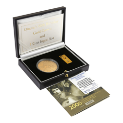 Pre-Owned 2006 UK Queen Elizabeth 80th Birthday Gold Proof £5 Coin and 9ct 1/2oz Ingot Set