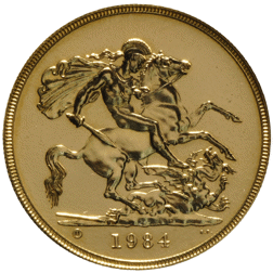 Pre-Owned 1984 UK Quintuple Sovereign Proof Design Gold Coin