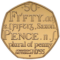 Pre-Owned 2005 UK Samuel Johnson's Dictionary Gold Proof 50p Coin