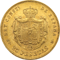 Pre-Owned 1880 Spain Alfonso XII 25 Pesetas Gold Coin