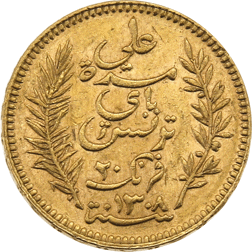 Pre-Owned 1891 Tunisian 20 Franc Gold Coin