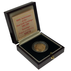 Pre-Owned 1989 UK 500th Anniversary Full Sovereign Proof Gold Coin