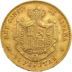 Pre-Owned 1890 Spanish Alfonso XIII 20 Pesetas Gold Coin