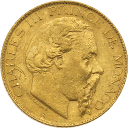 Pre-Owned 1879 Monaco Charles III 20 Franc Gold Coin