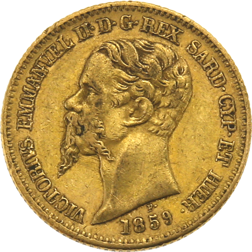 Pre-Owned 1859 Italian Vittorio Emmanuel II 20 Lire Gold Coin