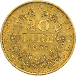 Pre-Owned 1867 Papal States Pius IX 20 Lire Gold Coin