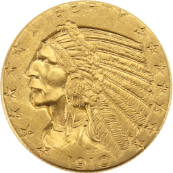 Pre-Owned 1910 USA 'Indian Head' Half Eagle $5 Gold Coin - Certificated