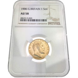 Pre-Owned 1906 UK Full Sovereign Gold Coin NGC Graded AU 58 - 4862513-003