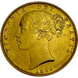 Pre-Owned 1869 London Mint DN.15 Victorian 'Shield' Full Sovereign Gold Coin