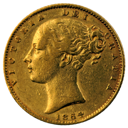 Pre-Owned 1864 London Mint DN.56 Victorian 'Shield' Full Sovereign Gold Coin