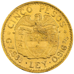 Pre-Owned 1924 Colombian Cinco Pesos Gold Coin