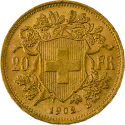 Pre-Owned 1902 Swiss 20 Franc Helvetia Gold Coin