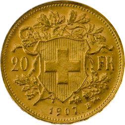 Pre-Owned 1907 Swiss 20 Franc Helvetia Gold Coin