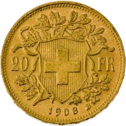 Pre-Owned 1908 Swiss 20 Franc Helvetia Gold Coin