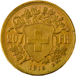 Pre-Owned 1915 Swiss 20 Franc Helvetia Gold Coin