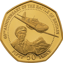 Pre-Owned 2000 Guernsey Battle of Britain 60th Anniversary 50p Proof Design Gold Coin