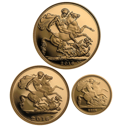 Pre-Owned 2016 UK Full, Half, and Quarter Sovereign Proof Gold 3-Coin Set