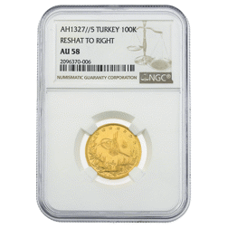 Pre-Owned 1911 Turkish 100 Kurush Gold Coin - Reshat To Right  - NGC Graded AU 58 - 2096370-006