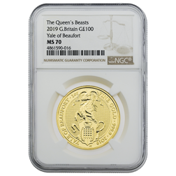 Pre-Owned 2019 UK Queen's Beast Yale of Beaufort 1oz Gold Coin NGC Graded MS 70 - 4861590-016