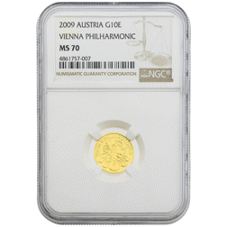 Pre Owned 2009 Austrian Philharmonic 1/10oz Gold Coin NGC Graded MS 70 - 4861757-007