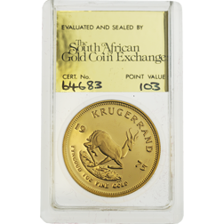 Pre-Owned 1975 South African Krugerrand 1oz Proof Gold Coin - SAGCE Graded 103 - Certificate 64683
