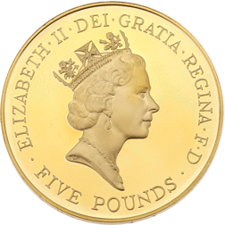 Pre-Owned 1996 UK 70th Birthday of Queen Elizabeth II £5 Proof Design Gold Coin