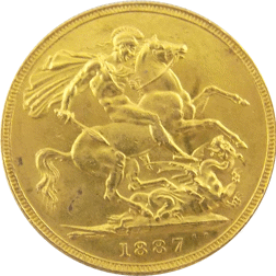 Pre-Owned 1887 London Mint Victoria Young Head Full Sovereign Gold Coin