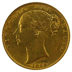 Pre-Owned 1866 London Mint DN.33 Victorian 'Shield' Full Sovereign Gold Coin