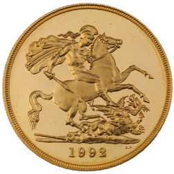 Pre-Owned 1992 UK Quintuple Sovereign Proof Design Gold Coin