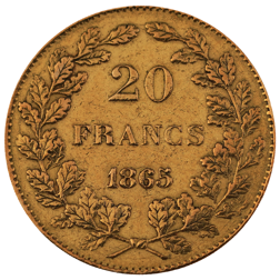 Pre-Owned 1865 Belgian Leopold I 20 Franc Gold Coin