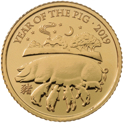 Pre-Owned 2019 UK Lunar Pig 1/10oz Brilliant Uncirculated Gold Coin - Boxed