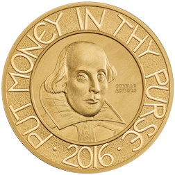 Pre-Owned 2016 UK William Shakespeare 1/4oz Proof Design Gold Coin