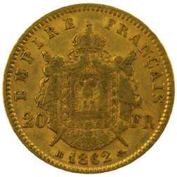 Pre-Owned 1862 French 20 Franc Napoleon III Gold Coin