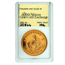 Pre-Owned 1977 South African Krugerrand 1oz Proof Gold Coin - SAGCE Graded 104 - Certificate 25844
