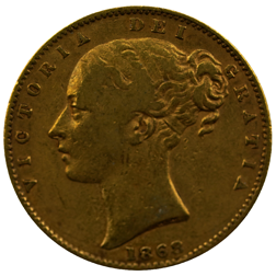 Pre-Owned 1868 London Mint DN.37 Victoria Young Head 'Shield' Full Sovereign Gold Coin