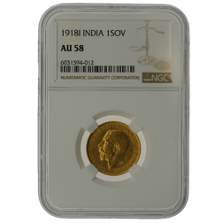 Pre-Owned 1918 India Mint George V Full Sovereign Gold Coin - NGC Graded AU 58 - 6031594-012