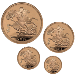 Pre-Owned 2019 UK Double, Full, Half, and Quarter Sovereign Proof Gold 4-Coin Collection