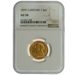 Pre-Owned 1899 Victoria Full Sovereign Gold Coin NGC Graded AU58 - 6672841-008