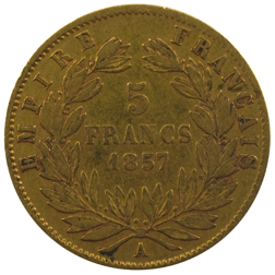 Pre-Owned 1857 French Napoleon III Wreath 5 Franc Gold Coin