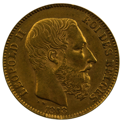 Pre-Owned 1868 Belgian Leopold II 20 Franc Gold Coin