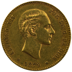 Pre-Owned 1879 Spain Alfonso XII 25 Pesetas Gold Coin