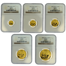 Pre-Owned 2009 Chinese Panda Gold 5-Coin Collection NGC Graded MS70