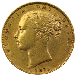Pre-Owned 1871 London Mint DN.37 Victoria Young Head 'Shield' Full Sovereign Gold Coin