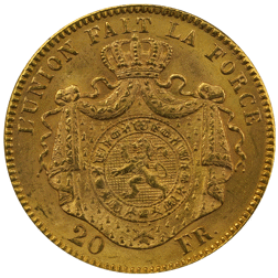 Pre-Owned 1870 Belgian Leopold II 20 Franc Gold Coin