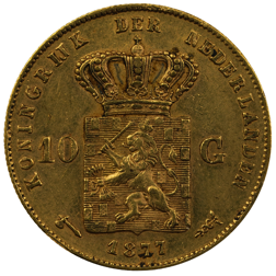 Pre-Owned 1877 Netherlands 10 Guilder Gold Coin