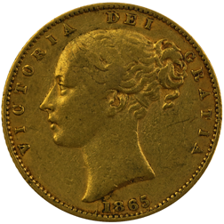 Pre-Owned 1865 London Mint DN.20 Victorian 'Shield' Full Sovereign Gold Coin