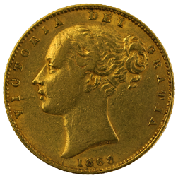 Pre-Owned 1868 London Mint DN.33 Victoria Young Head 'Shield' Full Sovereign Gold Coin