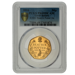 Pre-Owned 2016 UK 150th Anniversary of Beatrix Potter 50p Proof Gold Coin - PCGS Graded PR69 - 75896