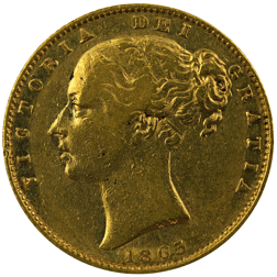 Pre-Owned 1863 London Mint DN.1 Victorian Young Head 'Shield' Full Sovereign Gold Coin