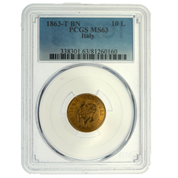 Pre-Owned 1863 Italian Vittorio Emmanuel II 10 Lire Gold Coin PCGS Graded MS63 - 338301.63/81260160
